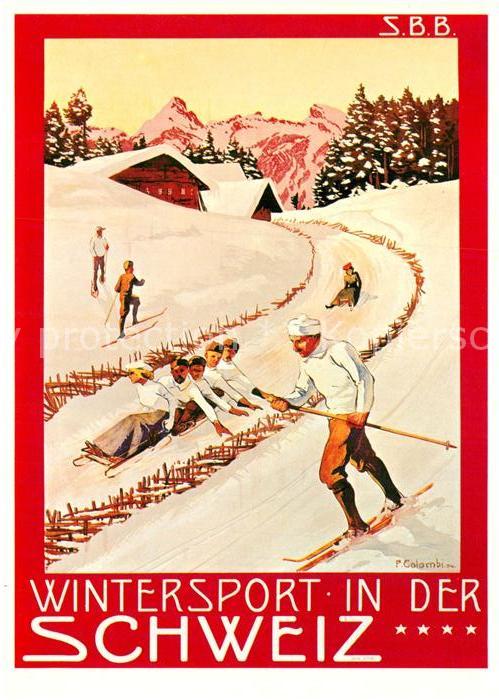 Schlitten Schnee Skifahren Schweiz Plakat für SBB-CFF 19