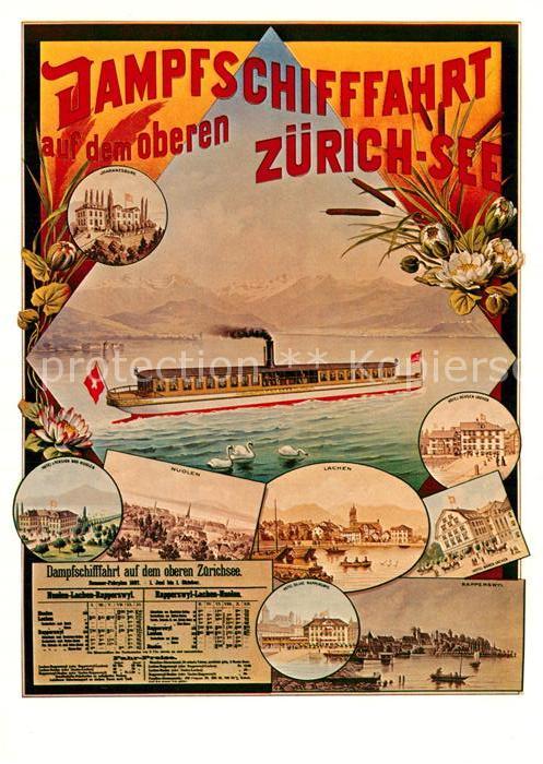 Dampfer Seitenrad Plakat Dampfschiffahrt Zürichsee Sommer