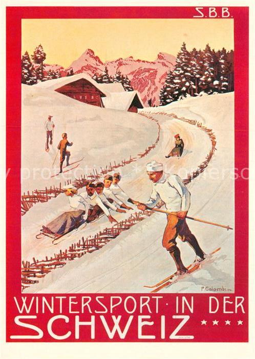 Schlitten Schnee Skifahren Plakat SBB-CFF 1904 P. Colomb