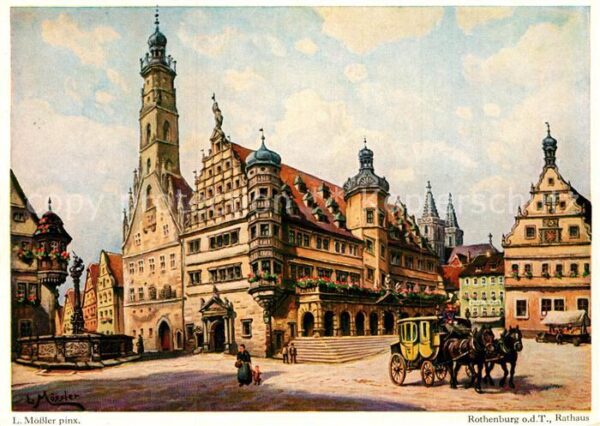 Rothenburg Tauber Rathaus mit Postkutsche Künstlerkarte L