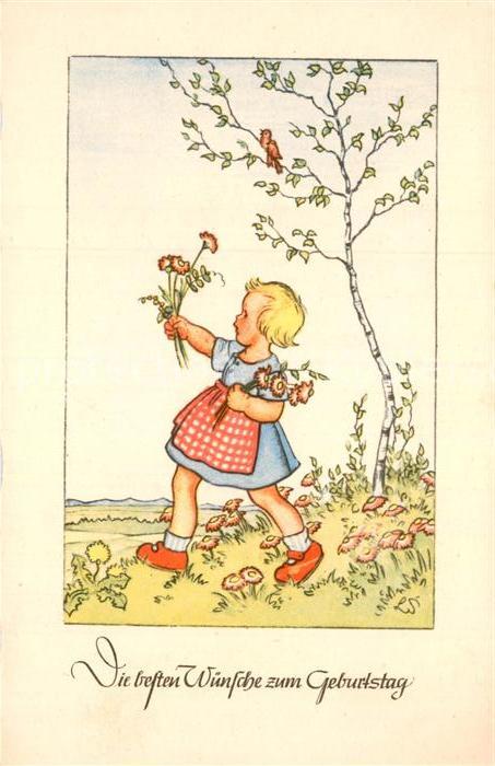 Geburtstag Kind Mädchen Blumen Vogel