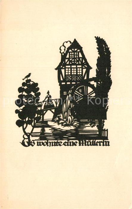 Scherenschnitt Schattenbildkarte A. M. Schwindt Es wohnte eine Müllerin