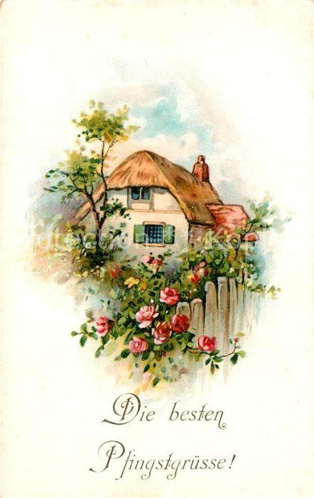 Pfingsten Pentecost Pentecote Haus Rosen Litho