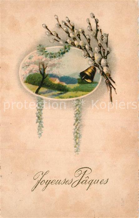Ostern Easter Paques Glocke Weidenkätzchen Litho