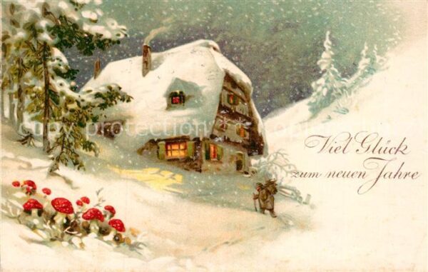 Neujahr Haus Pilze Litho