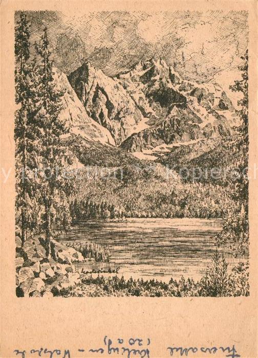 Kuenstlerkarte Karl Winkel Eibsee mit Zugspitze