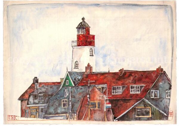 Kuenstlerkarte Ole West Urk Aquarell Leuchtturm