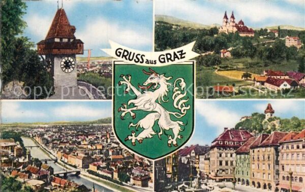 Graz Steiermark Schlossberg Uhrturm Stadtpanorama Wappe