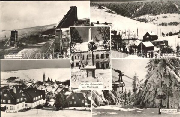 Oberwiesenthal Erzgebirge Sprungschanze Meilenstein am Marktplatz