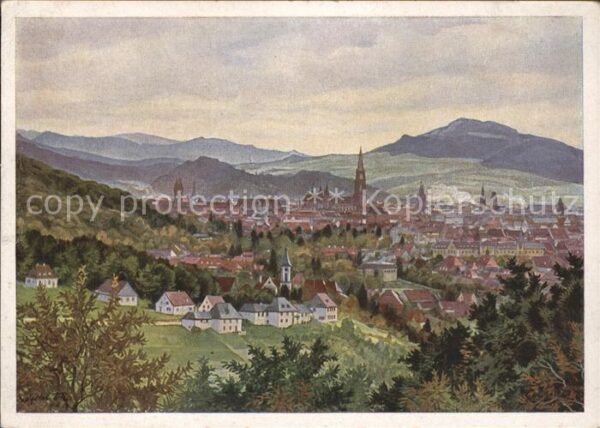 Freiburg Breisgau Panorama mit Münster Künstlerkarte