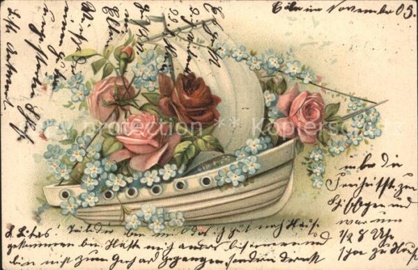Rosen Segelschiff Vergissmeinnicht Litho