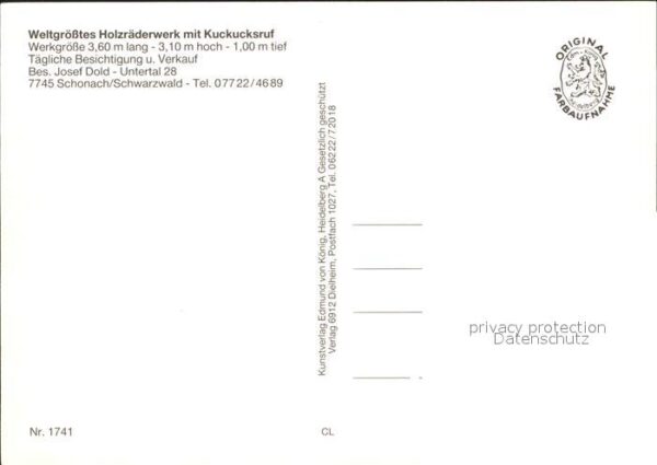 Schonach Schwarzwald Holzräderwerk Kuckucksruf – Bild 2