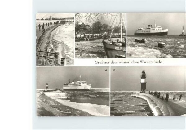 Warnemuende Ostseebad Mole Schiffe Leuchtturm im Winter