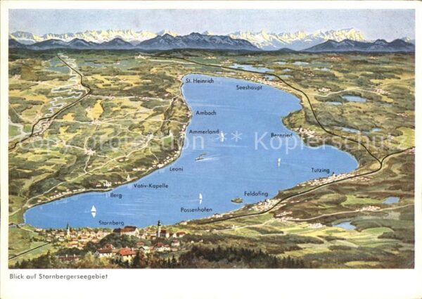 Starnbergersee Panoramakarte mit Alpen