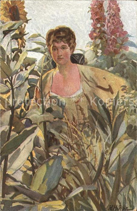 Kuenstlerkarte W. Hinze Stilles Glück Frau Sonnenblume