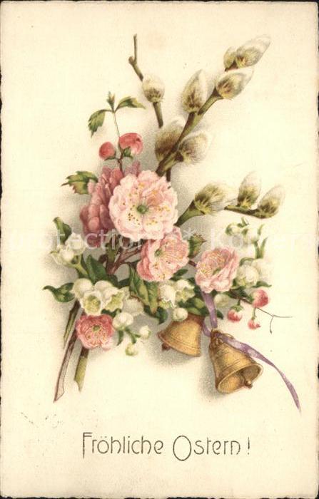 Ostern Easter Paques Glocken Weidenkätzchen Blüten Litho