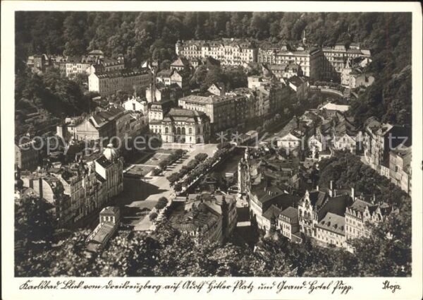 Karlsbad Eger Blick vom Dreikreuzberg auf AH Platz un