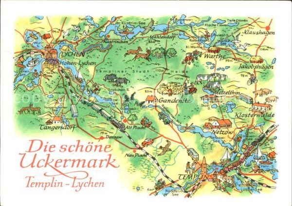 Landkarte auf Ak Uckermark Templin-Lychen Zeichnung A. H
