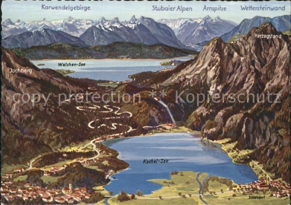 Kochel See Panoramakarte mit Walchensee und Alpen