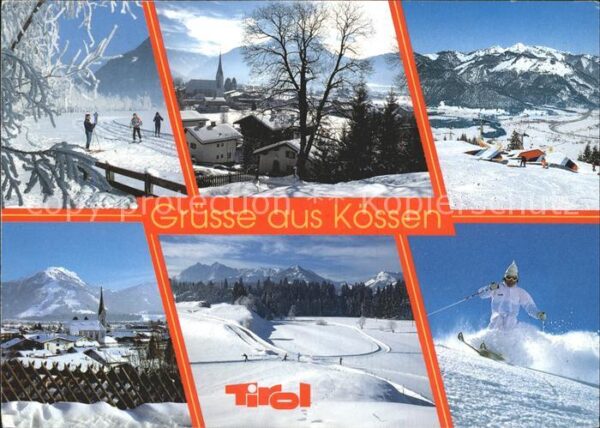 Koessen Tirol Skifahrer Kirche Berghäuser
