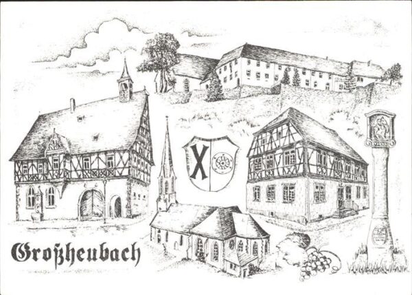 Grossheubach Kirche Rathaus Federzeichnung