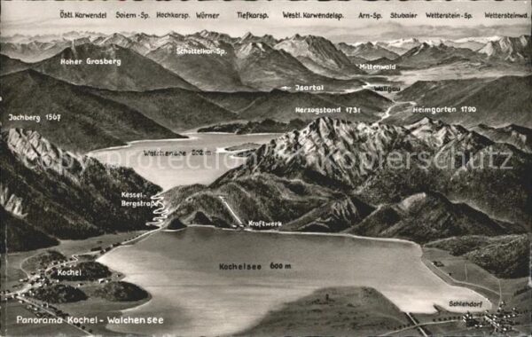 Walchensee mit Kochelsee Panorama Reliefkarte