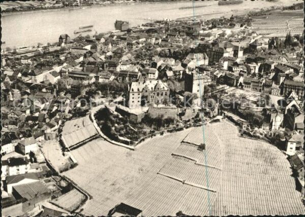 Bingen Rhein mit Burg Klopp Fliegeraufnahme Kupferti