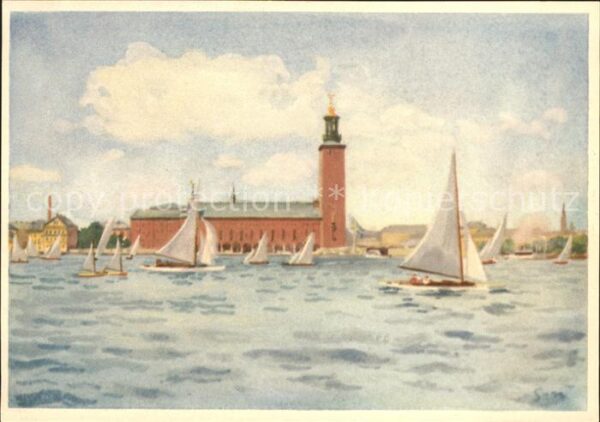 Stockholm Stadthaus Segelboot Künstlerkarte Stig