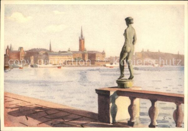 Stockholm Aussicht vom Stadthausgarten akvarell S