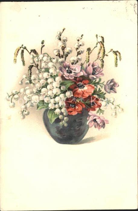 Maigloeckchen Mohnblumen Weidenkätzchen Vase Litho