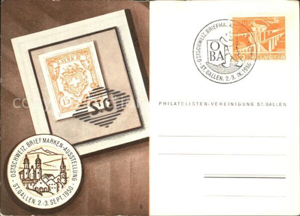 Briefmarken auf Postkarte Briefmarken-Ausstellung St. Gallen 1950