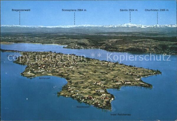 Insel Reichenau Fliegeraufnahme Bodensee Alpen