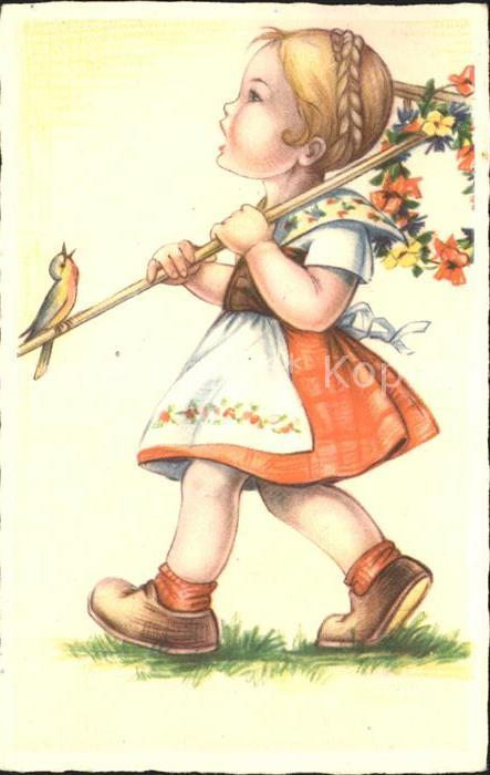 Kinder Child Enfants Vogel Rechen Blumen
