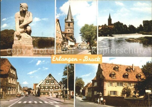 Bruck Erlangen Skulptur Kirche Strassenpartie Fluss