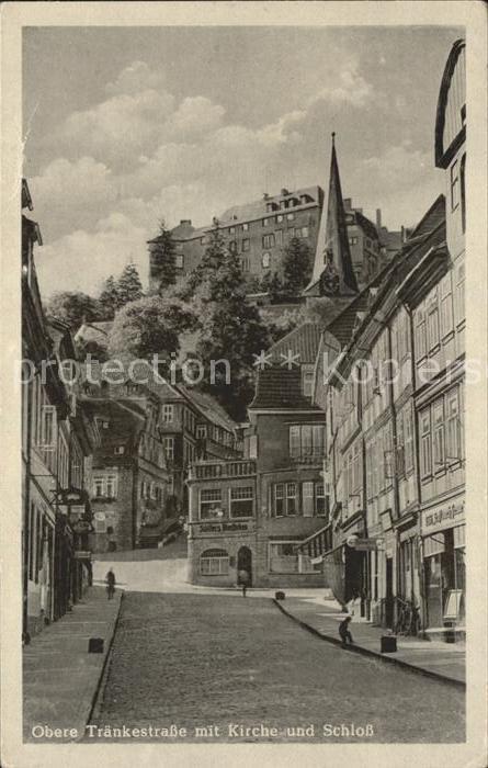 Blankenburg Harz Obere Tränkestrasse mit Kirche und Schl