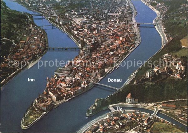 Passau Fliegeraufnahme Zusammenfluss Donau Inn