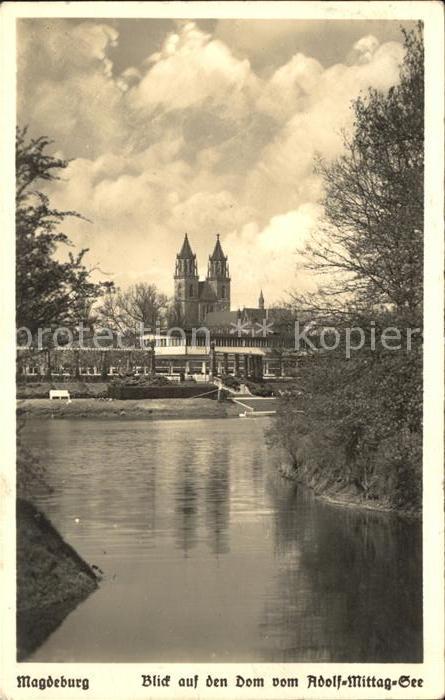 Magdeburg Blick auf den Dom vom Adolf Mittag See