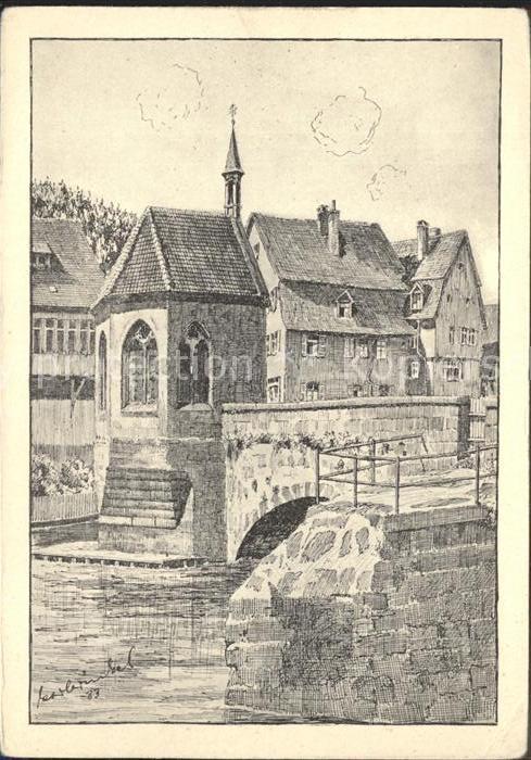 Calw Nagoldbrücke mit Nikolauskapelle Zeichn