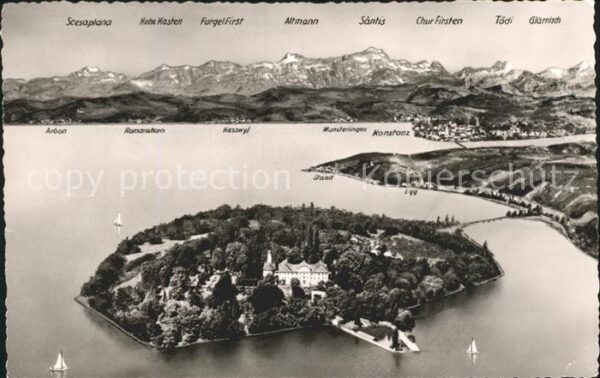 Insel Mainau mit Alpenpanorama Fliegeraufnahme