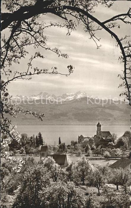 Wasserburg Bodensee Ortsansicht mit Kirche Säntis Appenzell