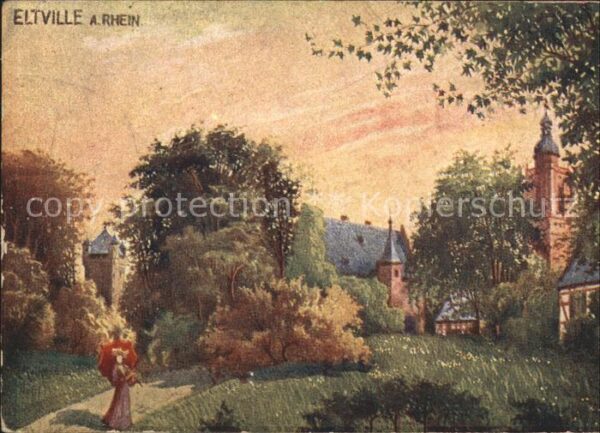 Eltville Rhein mit Kirchturm Künstlerkarte