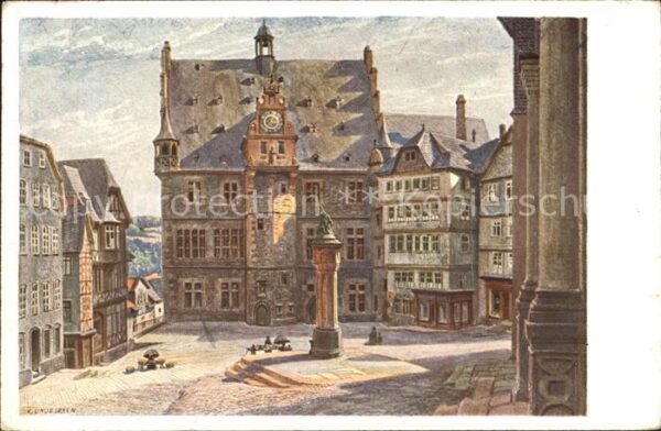 Marburg Lahn Marktplatz mit Rathaus Künstlerkarte