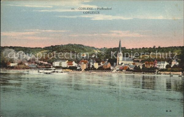 Pfaffendorf Koblenz Ortsansicht mit Kirche Rhein Dampfer