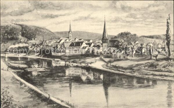 Neckargemuend Partie am Neckar Künstlerkarte