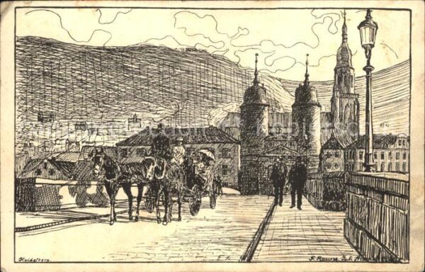 Heidelberg Neckar auf der alten Brücke Künstlerkarte