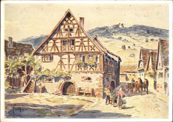 Schweigen-Rechtenbach Dorfmotiv Fachwerkhaus Pferdewagen Aqua