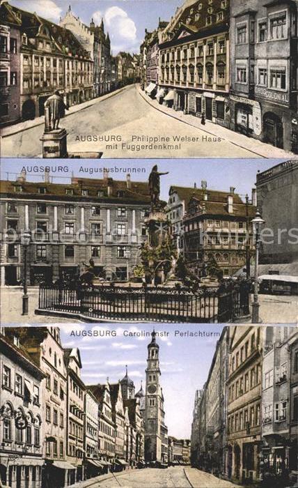 Augsburg Welser Haus mit Fuggerdenkmal Augustusb