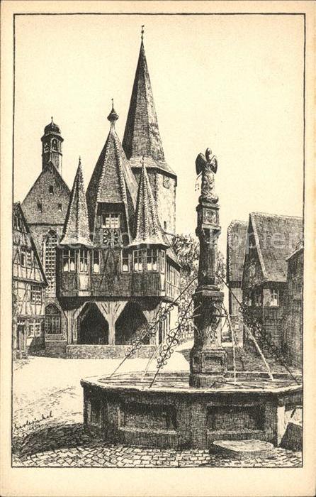Michelstadt Marktplatz Brunnen Zeichnung