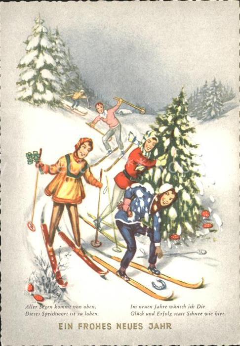 Skifahren Neujahr Tannenbaum Pilze Hufeisen Kleeb