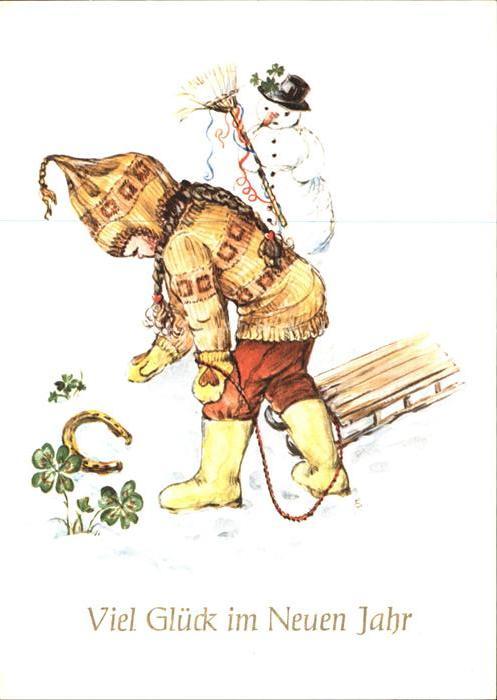 Schlitten Schnee Kind Schneemann Hufeisen Kleeblatt Neuj